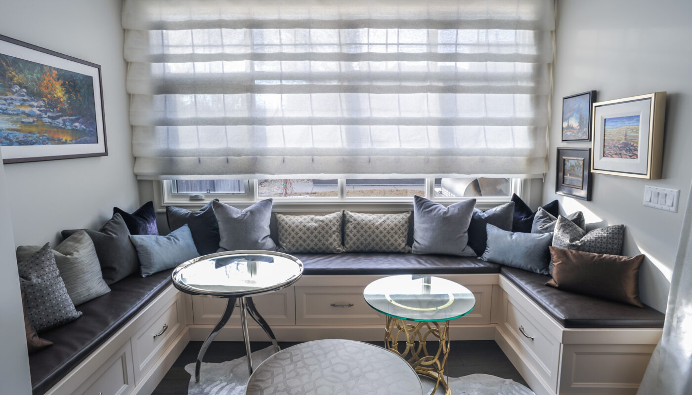 Fabric cascade roman shades & bench cushions